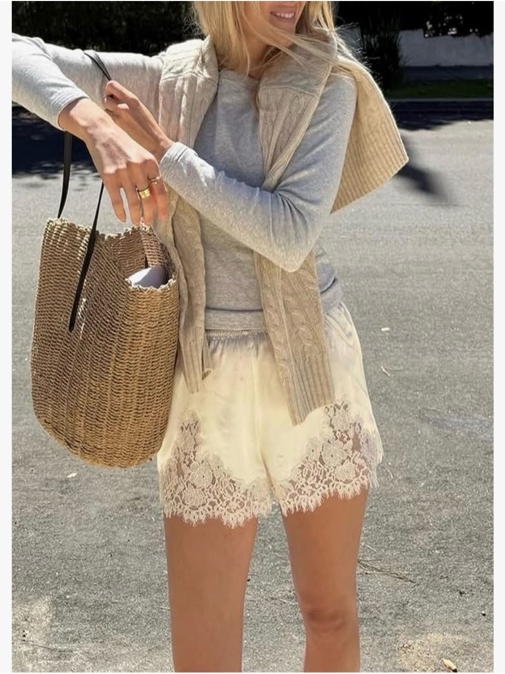 Cream Lace Trim Satin Shorts